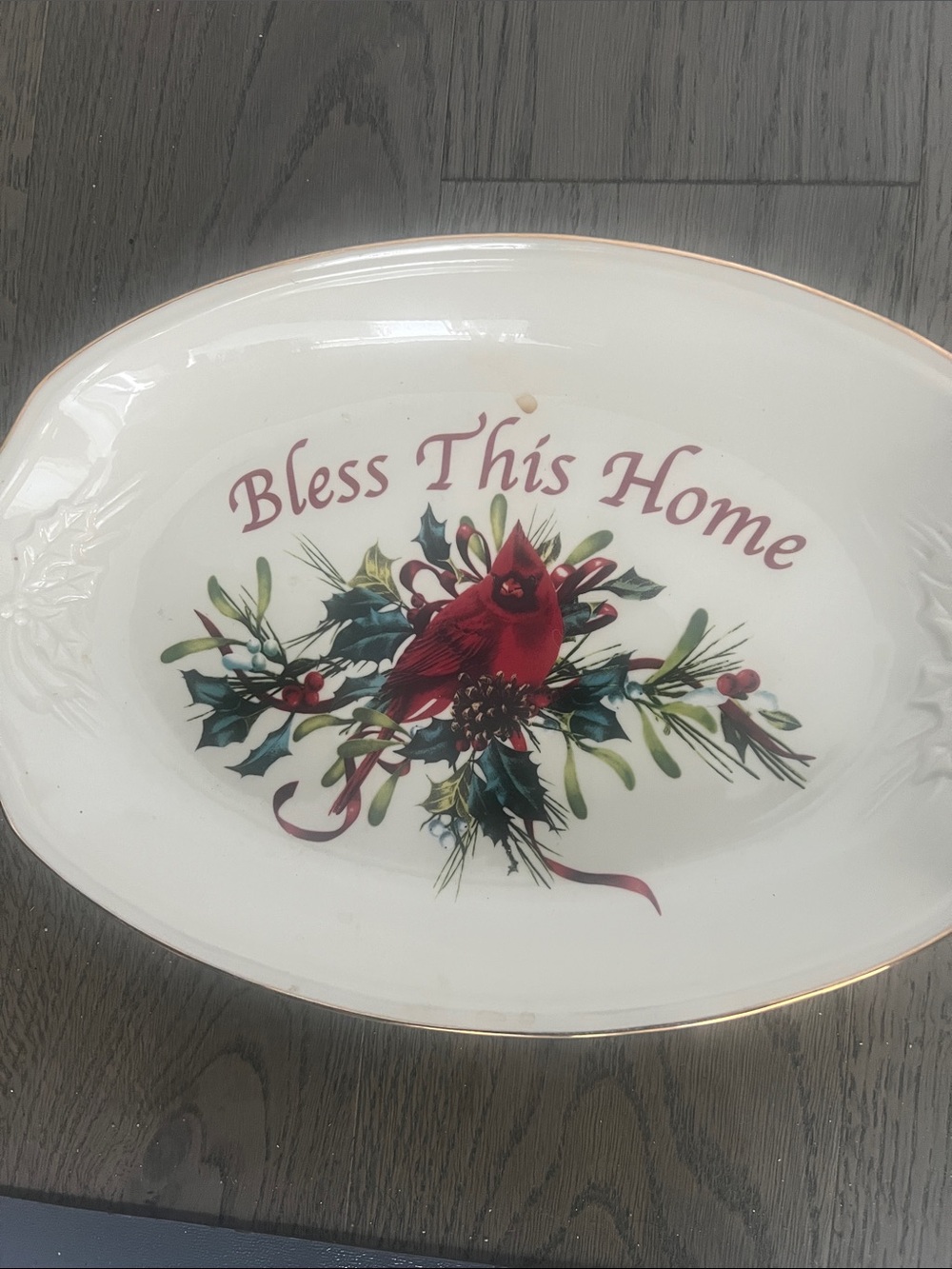 Lenox 'Bless This Home' Holiday Winter Greetings 11” Oval Tray Red, Green, Gold